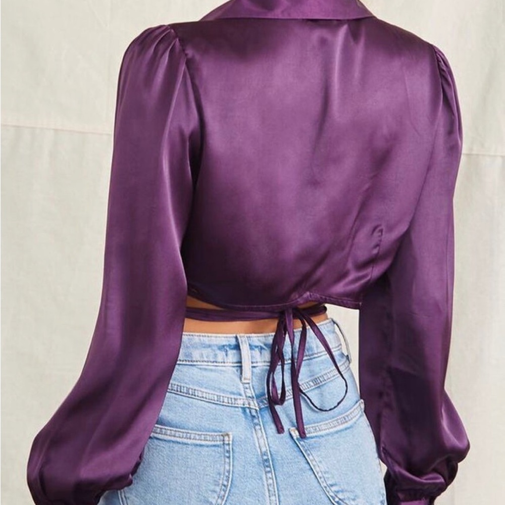 Purple satin wrap around top